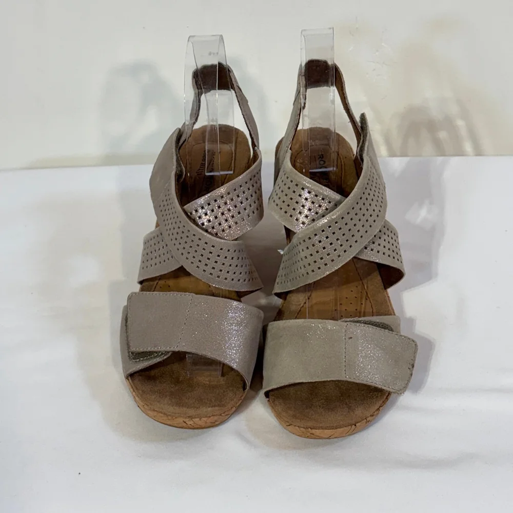 Rockport Cork Wedge Sandals Women’s Size 8 Crisscross Strappy Taupe Brown Gray